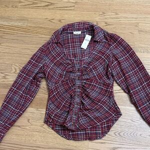 Pilcro Red Plaid Ruched Button-Down Shirt